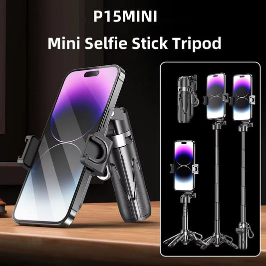 P15Mini Selfie Stick Tripod 3 in 1 Extendable Grip Phone Tripod with Detachable Remote for Vlog Livestreaming Photography